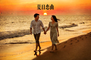 爱情电影《夏日恋曲》浪漫场景，海边牵手漫步