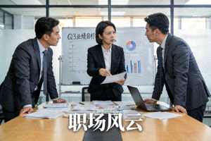 短剧《职场风云》剧照，办公室职场竞争画面